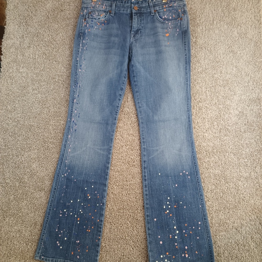 7 For All Mankind A-Pocket Paint Splatter Flare Jeans Womens 30 Medium Wash